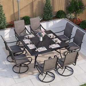Black 9-Piece Metal Patio Outdoor Dining Set with Slat Square Table and Textilene Swivel Chairs