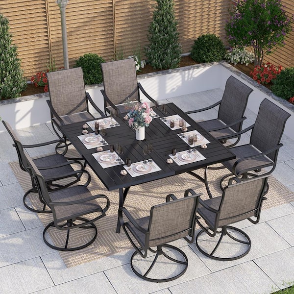 PHI VILLA Black 9-Piece Metal Patio Outdoor Dining Set with Slat Square Table and Textilene Swivel Chairs