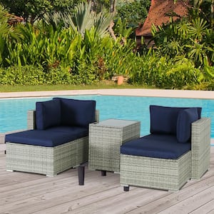 Grey 5-Piece Wicker Outdoor Sectional Set with Blue Cushions