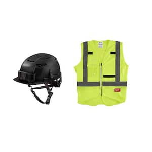 BOLT Black Type 2 Class C Front Brim Vented Safety Helmet w/4X-L/5X-L Yellow Class 2-High Vis. Safety Vest w/10-Pockets