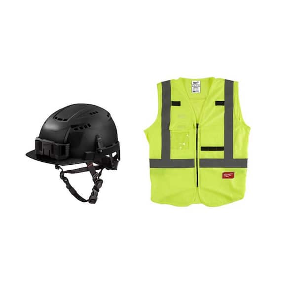 Milwaukee BOLT Black Type 2 Class C Front Brim Vented Safety Helmet w/4X-L/5X-L Yellow Class 2-High Vis. Safety Vest w/10-Pockets