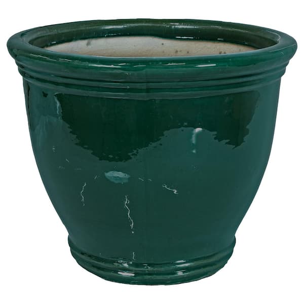 15 in. Studio High-Fired Glazed Ceramic Planter-Dark Green