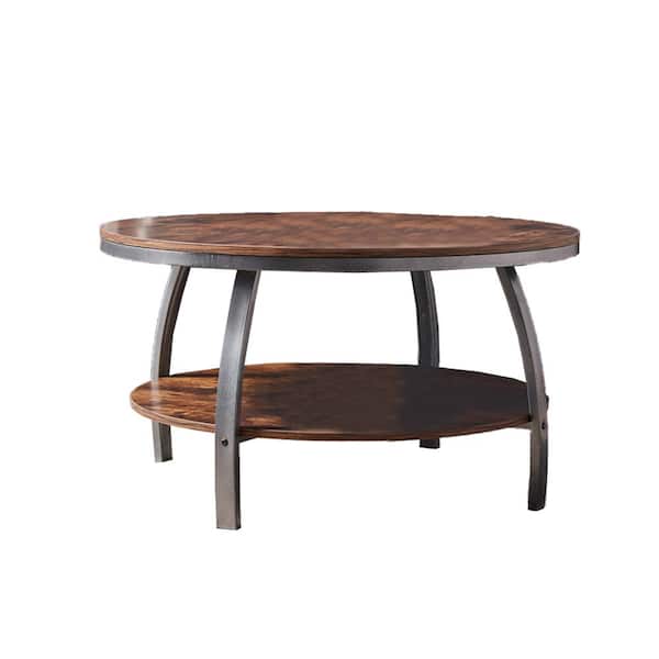 Amucolo 35.43 in. Oak Round MDF Wood Top Coffee Table with Wooden Storage Shelf