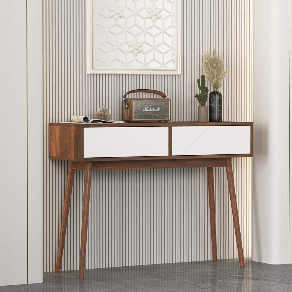Entryway Table 39.4 in. Brown Rectangle MDF Console Table with 2-Carved Pan