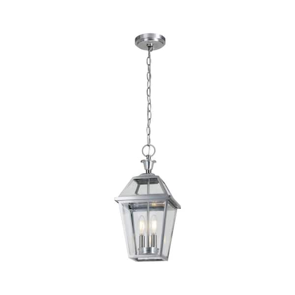 Home Decorators Collection Glenneyre 18.1 in. 2-Light Stainless French Quarter Gas Style Outdoor Hanging Light Pendant Light with Clear Glass