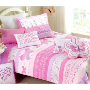 Print Knit Sweater Hearts Butterfly Polka Dot Strip 5-Piece PinkPurpleWhite Cotton TwinQuiltBeddingSetwith Decor Pillows