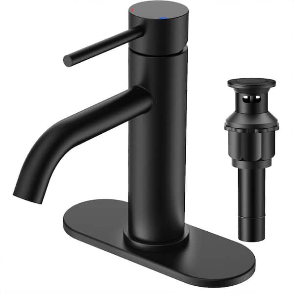 FURUISI Single Handle Mid-Arc Bathroom Faucet with Deckplate and Pop-Up Drain in Matte Black