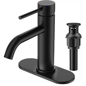 Single Handle Mid-Arc Bathroom Faucet with Deckplate and Pop-Up Drain in Matte Black