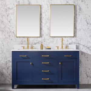 Jasper 60 in. W x 22 in. D Bath Vanity in Navy Blue with Engineered Stone Vanity in Carrara White with White Sinks