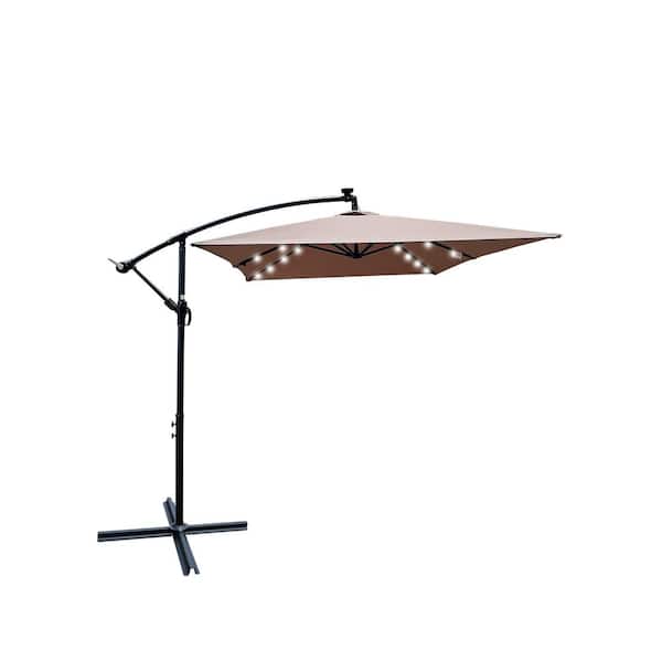 Angel Sar 10 ft. x 6.5 ft. Steel Market Solar Powered LED Lighted 6 Ribs Patio Umbrella with Crank and Cross Base in Mushroom