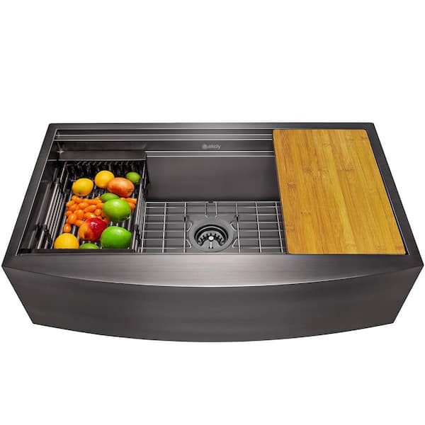 AKDY Workstation Farmhouse Apron Mount Stainless Steel 33 in. Single Bowl Ledge Kitchen Sink in Gunmetal Matte Black