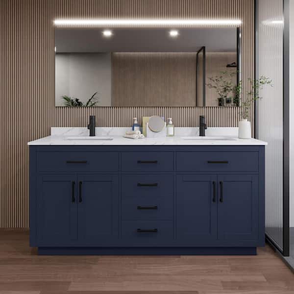 Wyndham Collection Beckett TK 72 in. W x 22 in. D x 35 in. H Double Sink Bath Vanity in Dark Blue with Matte Black Trim Giotto Quartz Top