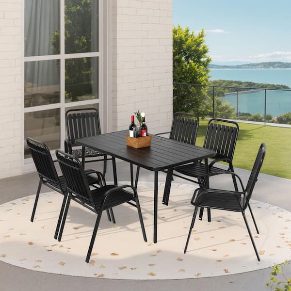 7-Piece Metal Patio Outdoor Dining Set with Rectangular Table and 6 Stackable Chairs Black