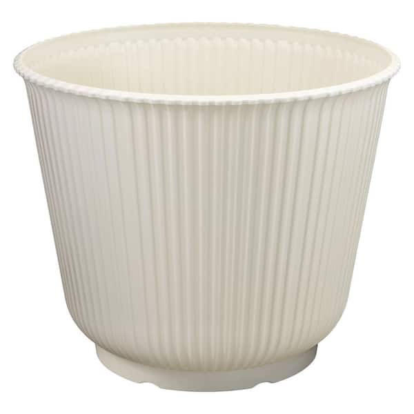 Vigoro 12 in. Tierney Polished White Ribbed Resin Planter (12 in. D x 10 in. H)