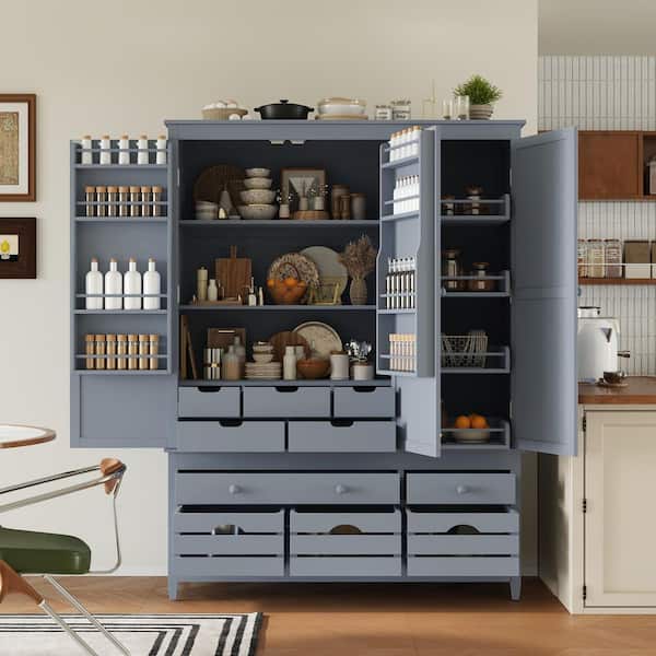 Harper & Bright Designs Freestanding Large Gray Kitchen Pantry Organizer with 8-Door Shelves, 10-Drawers, 4-Pull-Out Trays