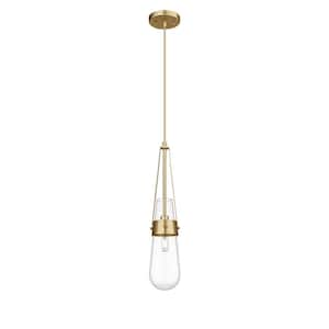 Milan 100-Watt 1 Light Brushed Brass Shaded Pendant Light with Clear glass Clear Glass Shade