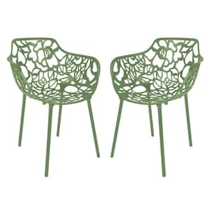 Devon Outdoor Dining Chair in Aluminum Modern Stackable Design Patio Arm Chair in Green (Set of 2)