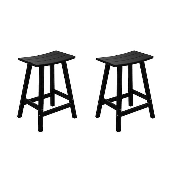 Franklin Black 24 in. Poly HDPE Fade Resistant Outdoor Patio Saddle Seat Counter Height Bar Stool (Set of 2)