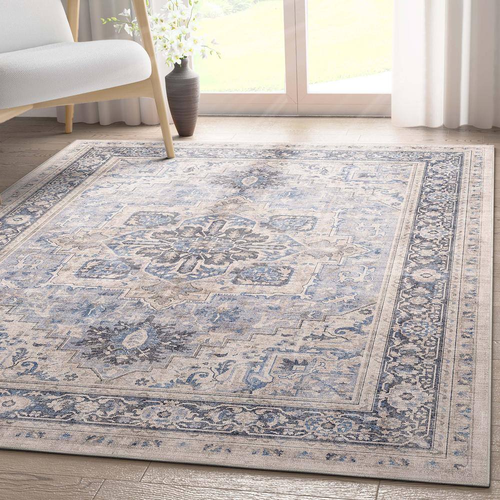 Blue Medallion Chenille Rectangular Washable Area Rug 3'3" x 5'