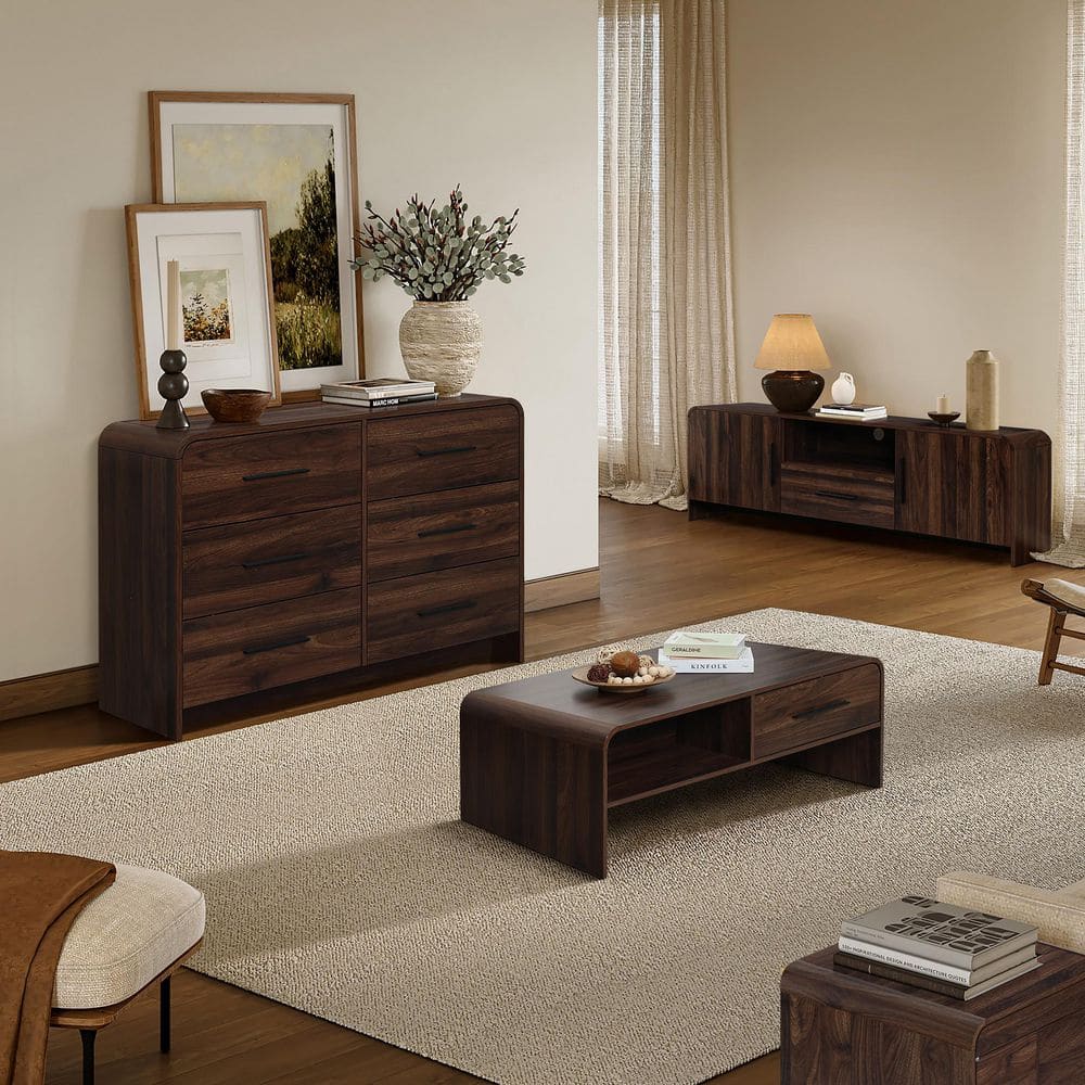 47.24 in. Walnut Finish Rectangle Wood Coffee Table, 2-Drawer MDF Open Storage Center with Rounded Corners price history on PriceWatchPro