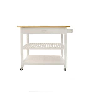 Simple White Wood Kitchen Cart with 2-Lockable Wheels, 2-Open Shelves, 1-Towel Rack, and 1-Big Drawer