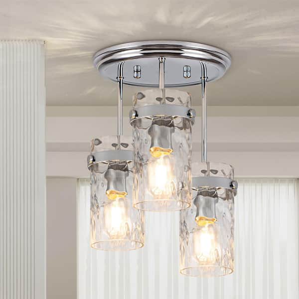 Essel 9.84 in. 3-Light Chrome Modern Semi-Flush Mount With Hammered Glass Shade and No Bulbs Included