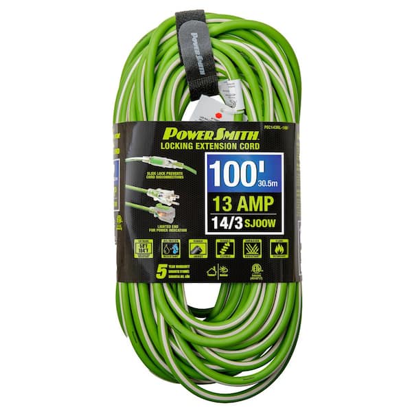 PowerSmith 100 ft. 14/3 AWG Rubber Jacket 13 Amp Medium-Duty Indoor/Outdoor Locking Lighted End Extension Cord, Green