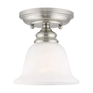 Woodside 6.25 in. 1-Light Brushed Nickel Industrial Semi Flush Mount with Alabaster Glass and No Bulbs Included