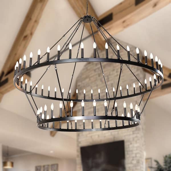 2 Tier Extra Large Farmhouse Chandelier for High Ceiling, 80-Lights Black Wagon Wheel Chandelier Rustic Light Fixtures