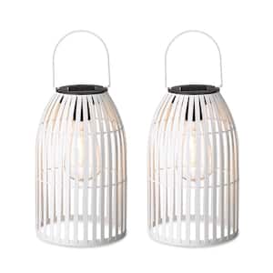9.75 in. H White Metal Stripes Solar Powered Edison Bulb Outdoor Hanging Lantern (Set of 2 )