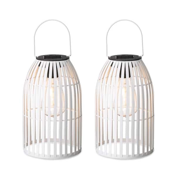 Glitzhome 9.75 in. H White Metal Stripes Solar Powered Edison Bulb Outdoor Hanging Lantern (Set of 2 )