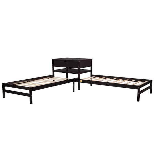ATHMILE Espresso Brown Twin Size L-Shaped Platform Beds with Drawer Linked with Built-in Rectangle Table