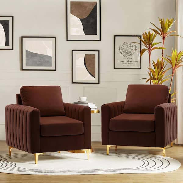 Ennomus Burn-brick Velvet Cushion Back Club Chair Arm Chair Set of 2 with Golden Metal Legs and Track Arms
