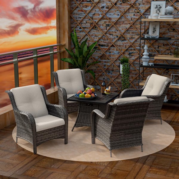 MeetLeisure 5-Piece 4-Seat Rattan Wicker Patio Conversation Set with Beige Cushions and Fire Pit Table