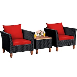 Black 3-Piece Wicker Outdoor Furniture Set Patio Conversation Set with Red Cushions