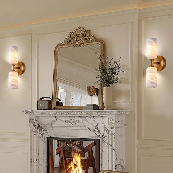 14 in. 2-Light Gold Modern Natural Alabaster Wall Sconce, Brass Bathroom Sconces for Living Room, Staircase, Hallway