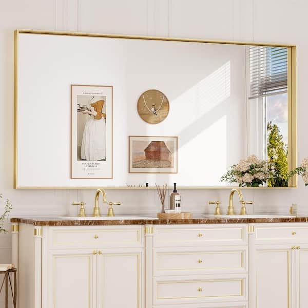 KeonJinn 60 in. W x 30 in. H Rectangular Framed Aluminum Square Corner Wall Mount Bathroom Vanity Mirror in Brushed Brass