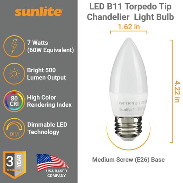 Sunlite 60-Watt Equivalent B11 Dimmable Frosted Torpedo Tip