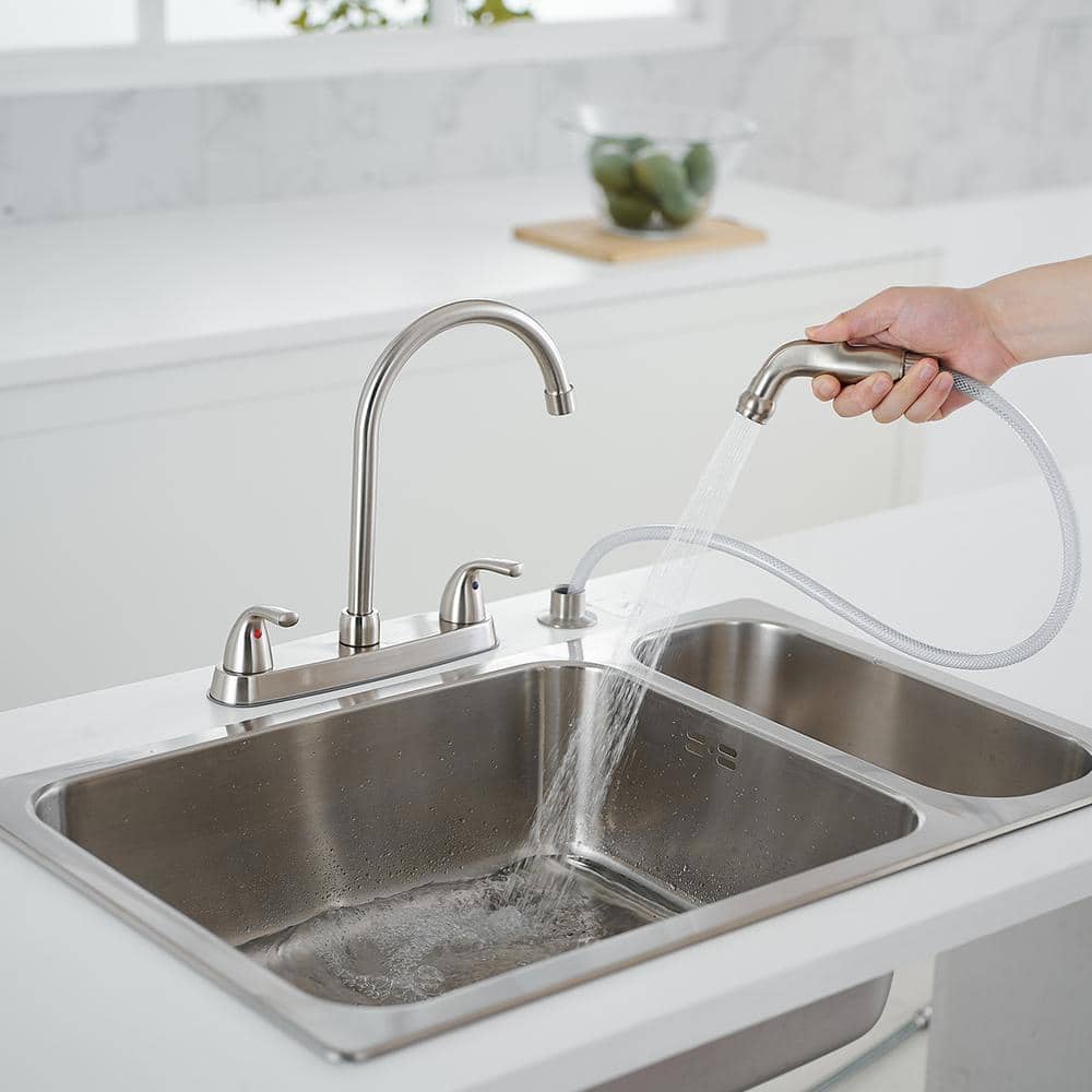 Brushed Nickel Double Handle Kitchen Faucet with Side Sprayer