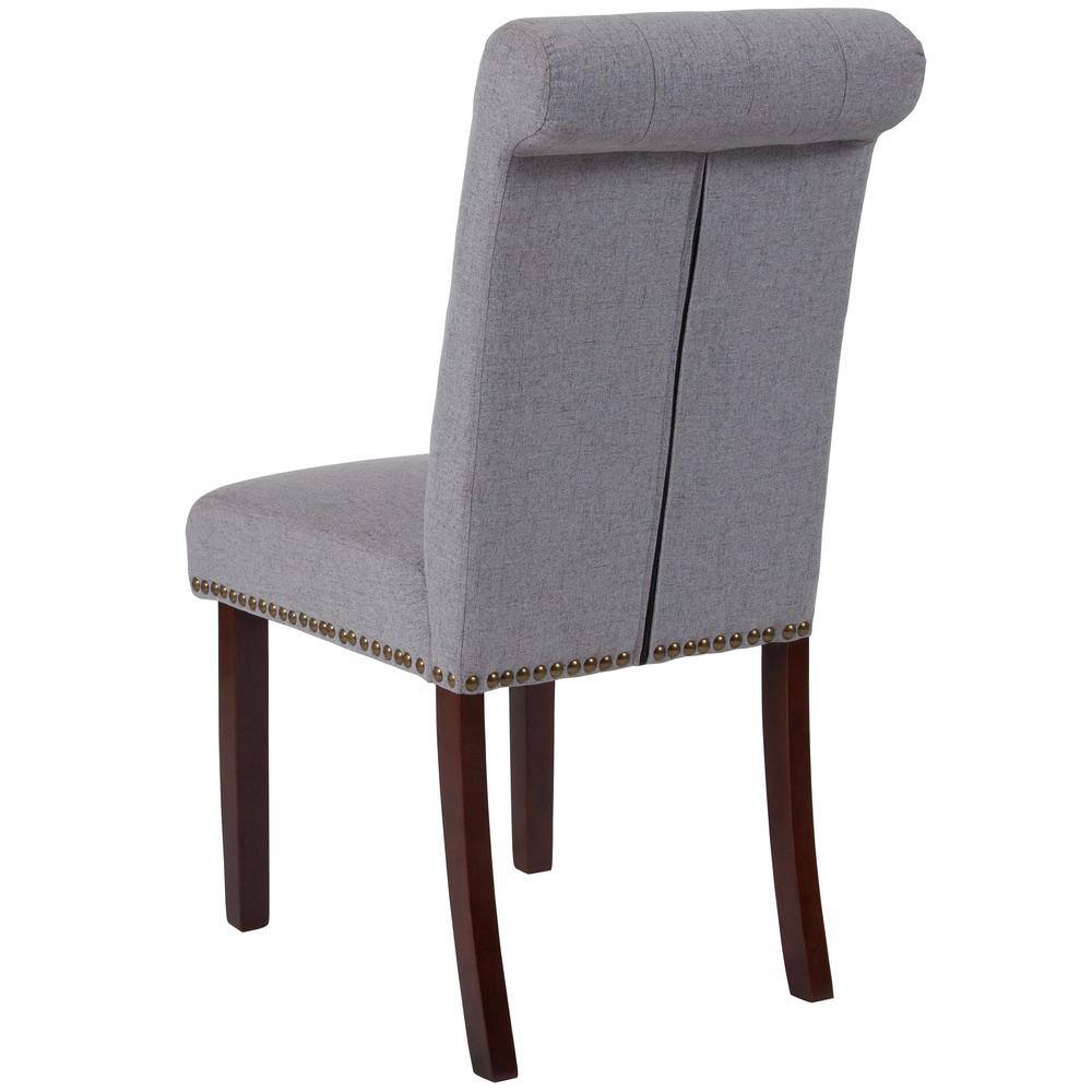 High-Back Parsons Side Chair in Light Gray Leather & Walnut Wood