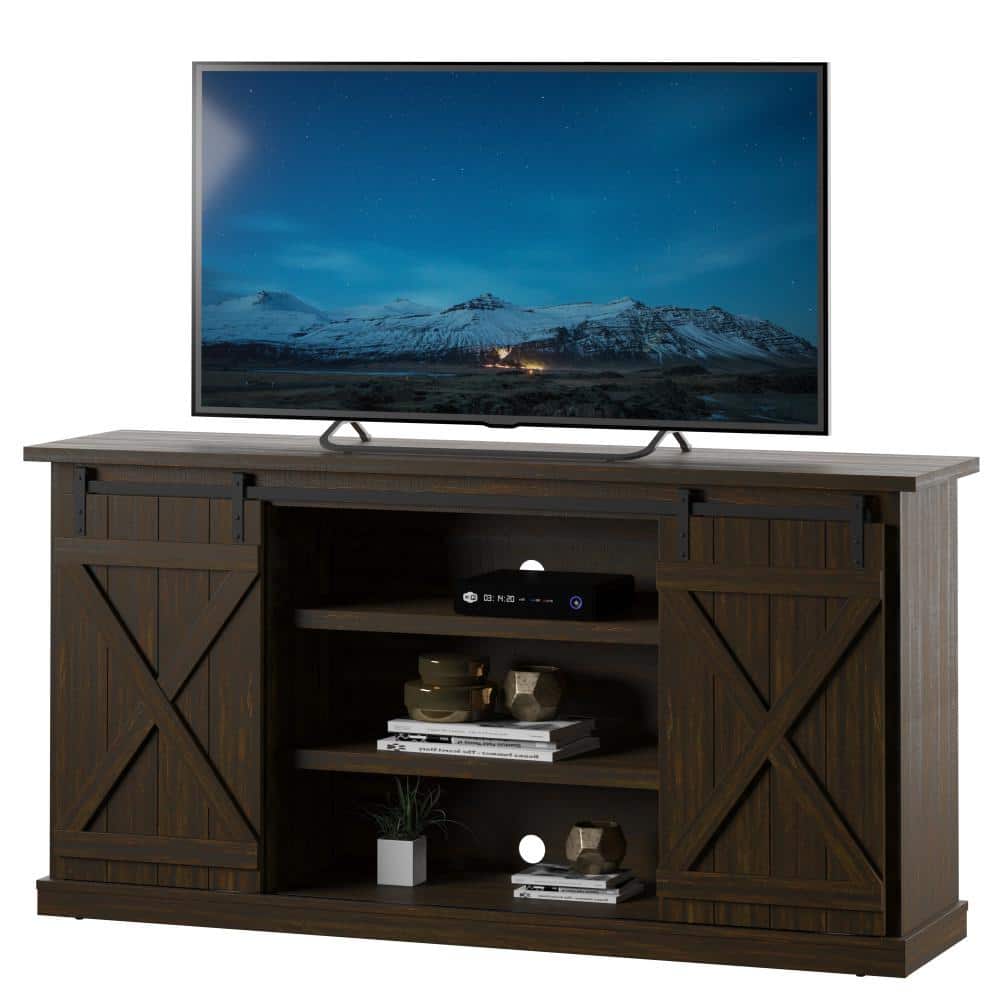 Sawcut Espresso 63" Brown Wood TV Stand with Sliding Barn Doors
