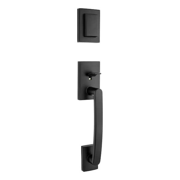 Baldwin Prestige Spyglass Matte Black Single Cylinder Door Handleset with Square Spyglass Door Handle Feat SmartKey Security