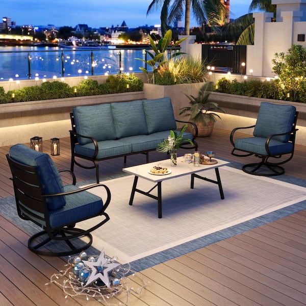 PHI VILLA Metal 5 Seat 4-Piece Steel Outdoor Patio Conversation Set With Swivel Chairs Peacock Blue Cushions Marble Pattern Table