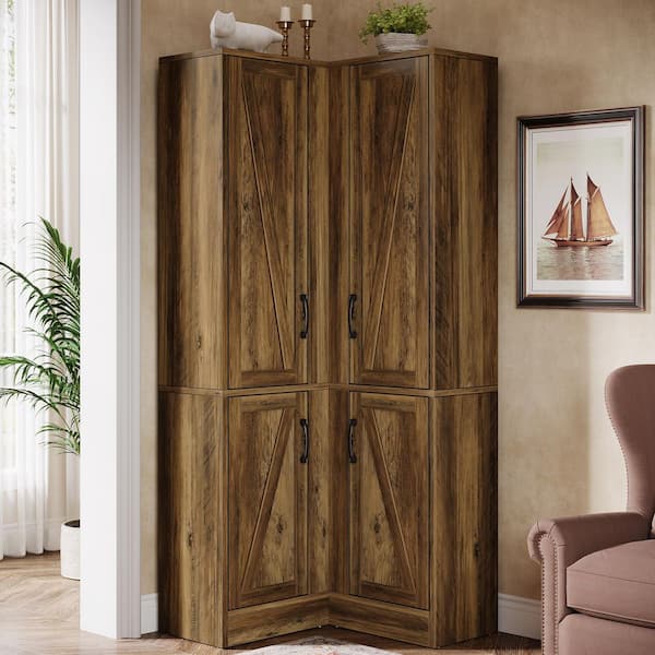 Rustic Brown 71 in. Tall Corner Storage Cabinet with Barn Doors, Farmhouse Wood Kitchen Pantry Cabinet
