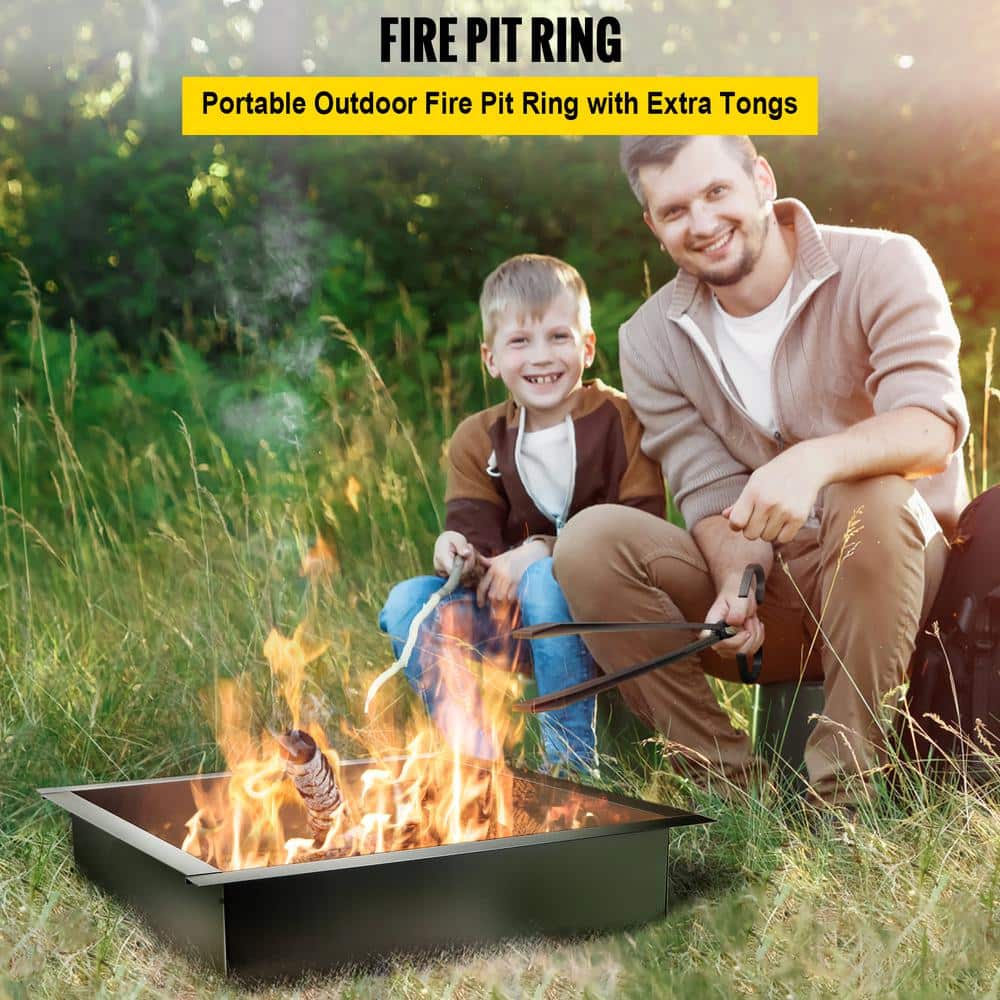 Black Steel Free-Standing Fire Pit Ring with Tongs