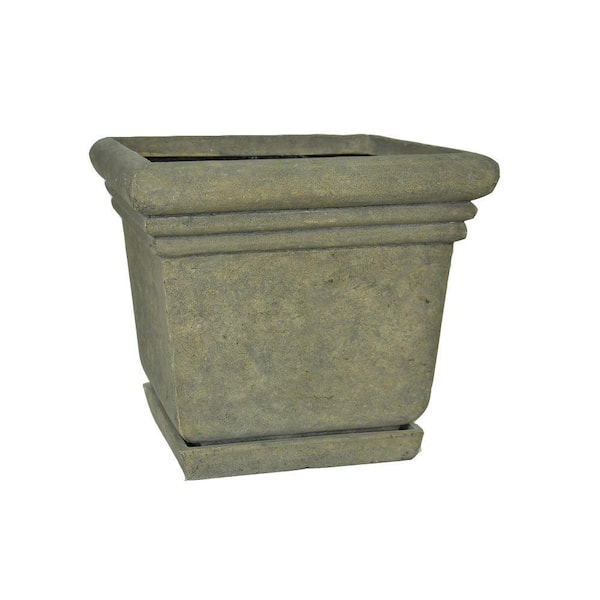 MPG 14-1/2 in. Square Cast Stone Fiberglass Planter with Attached Saucer in Aged Granite Finish