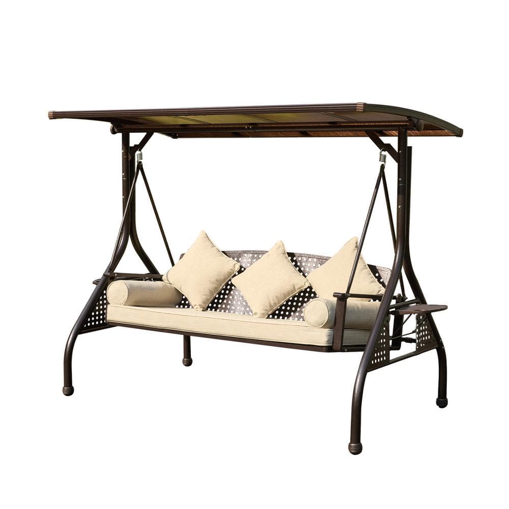 3-Person Brown Metal Iron Patio Swing with Khaki Cushions, Canopy and 3 Gea