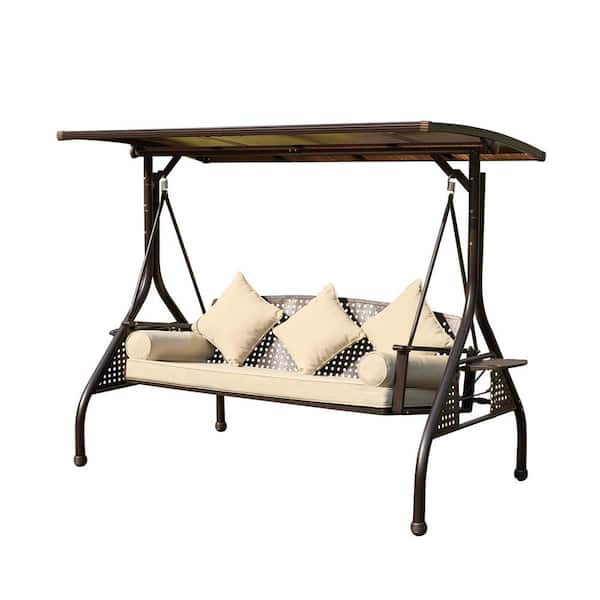 Unbranded 3-Person Brown Metal Iron Patio Swing with Khaki Cushions, Canopy and 3 Gear Adjustable Backrest