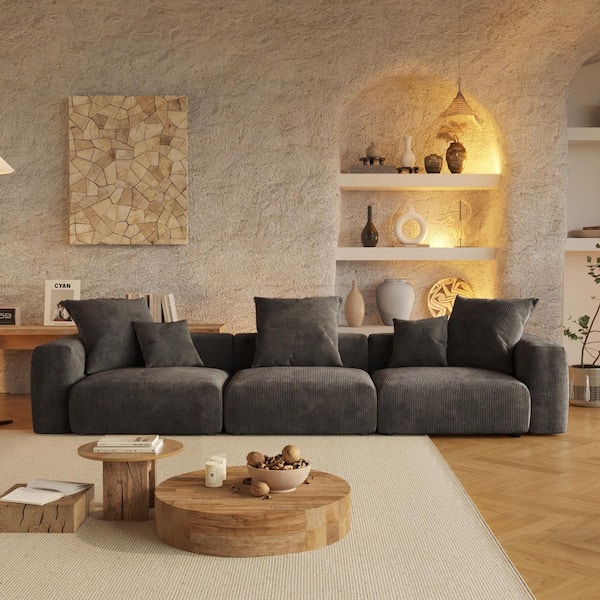 Modern 142 in. Square Arm 3-Piece Modular Corduroy Sectional Sofa Oversized Floor Sofa Couch for Living Room in Black