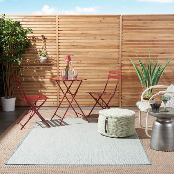 Courtyard Ivory Aqua 4 ft. x 6 ft. Geometric Contemporary Indoor/Outdoor Patio Area Rug